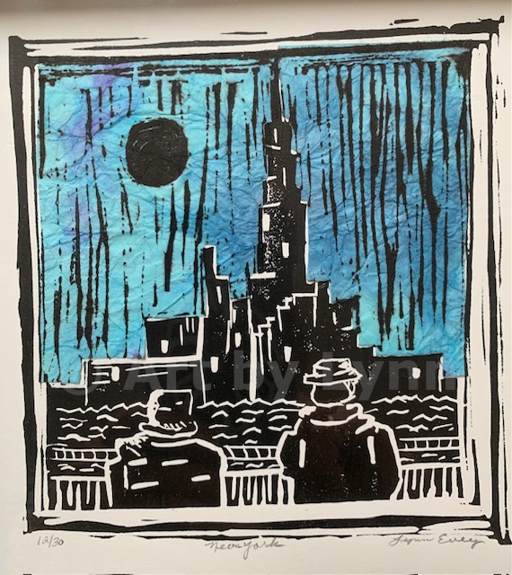 Relief print, with chine colle, of two people looking out over the New York city skyline.