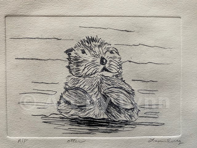 Drypoint of an otter in water.