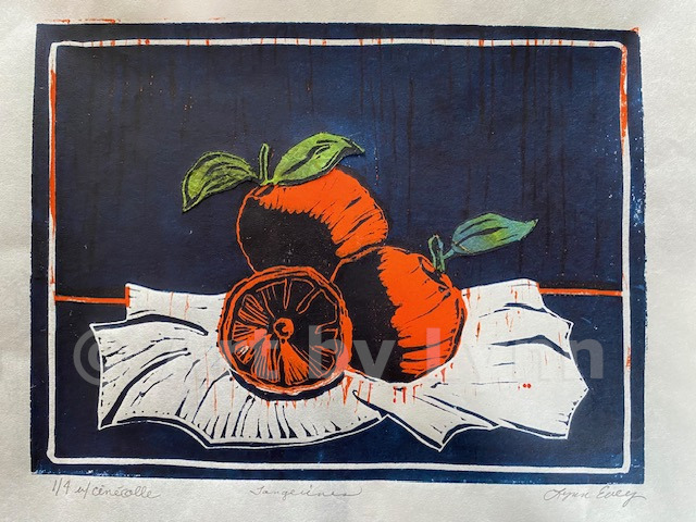 Two plate linocut print with chine colle of three tangerines on a napkin