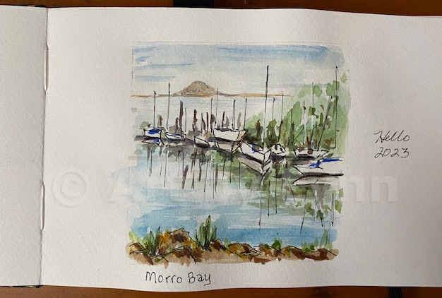 Watercolor and ink of boats in the harbor with the Morro Bay Rock in the background.