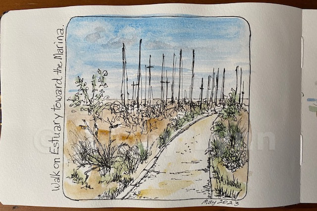 Watercolor and ink of Estuary pathway near a marina.