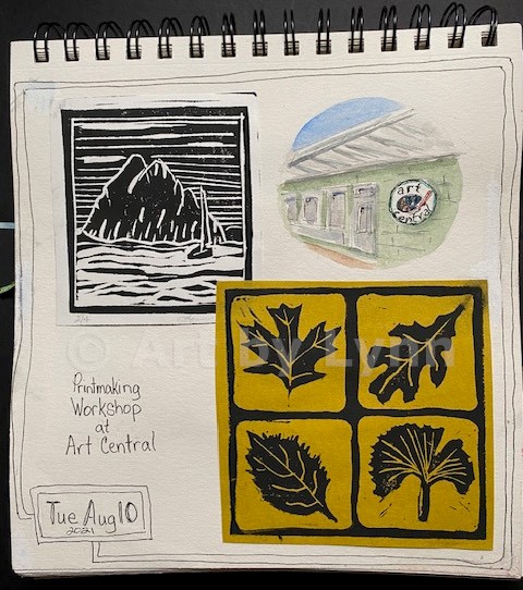 A collage that includes a watercolor of an art building, and a relief print of the Rock in Morro Bay and of four leaves.