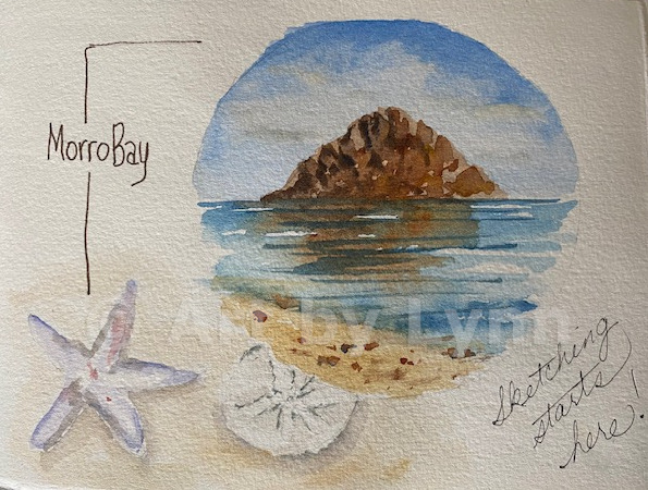 A collage that includes watercolors of the Rock in Morro Bay and sea shells.