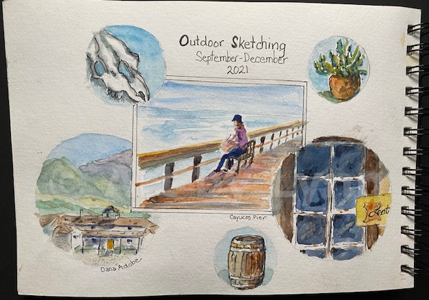 A collage that includes watercolors and ink of a skull, plant, a woman sitting along a pier railing, Dana Adobe, a barrel and a window.