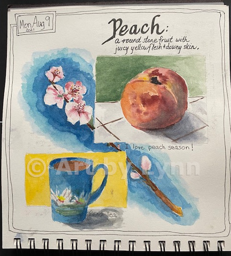 A collage that includes watercolors of a Peach, a branch with cherry blossoms in bloom and a mug of hot peach tea.