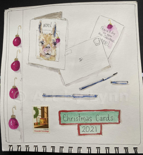 A collage that includes watercolors and ink of a few christmas ornaments.
