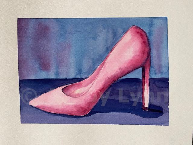 Watercolor painting of a pink shoe.