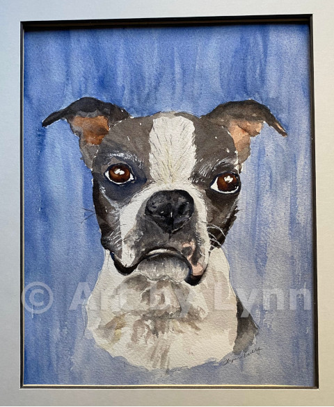 Watercolor of Charlie the dog.