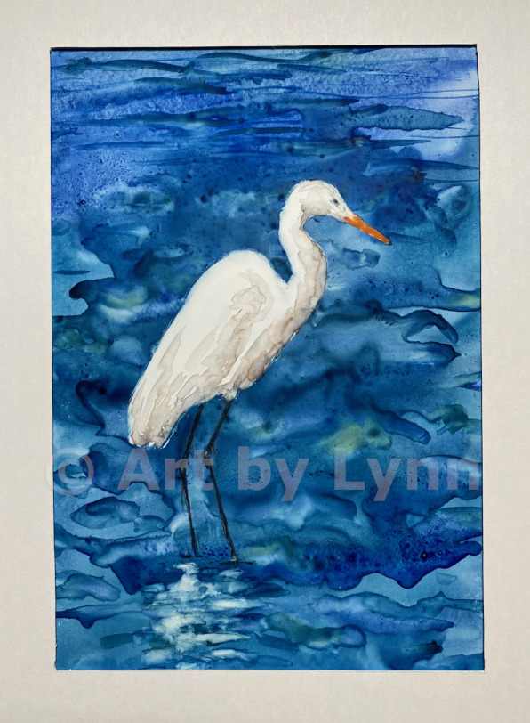 Watercolor of an egret on Yupo paper.