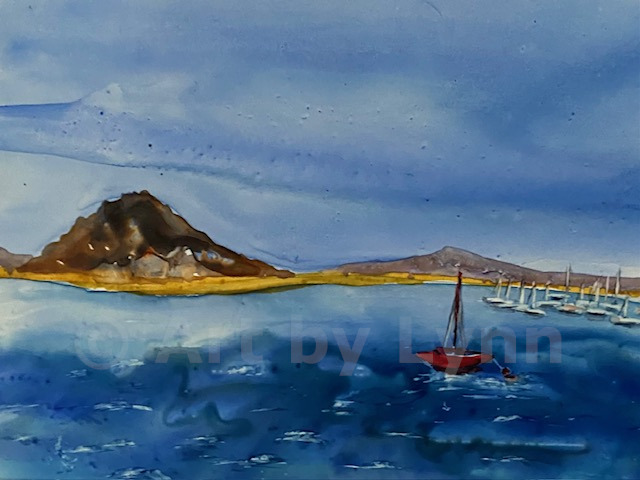 Watercolor of Morro Bay harbor with the Rock in the background, on Yupo paper
