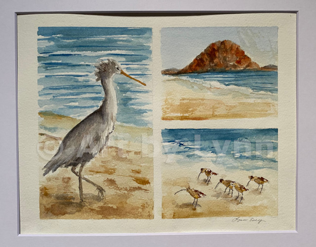 Watercolor of Morro Bay Rock and birds on the beach